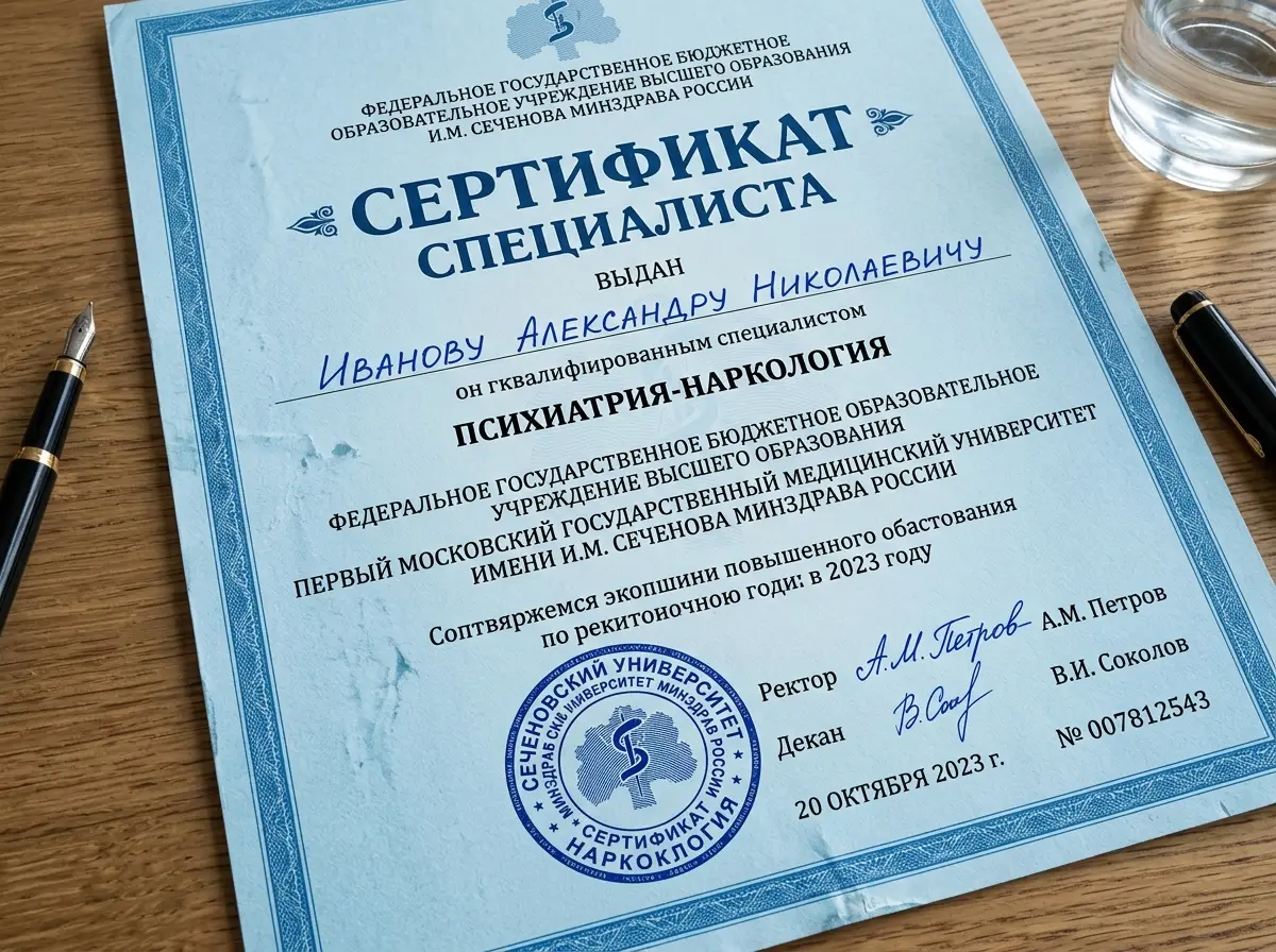 Сертификат специалиста врача-нарколога — документ с подписью и печатью медицинского учреждения, синий бланк