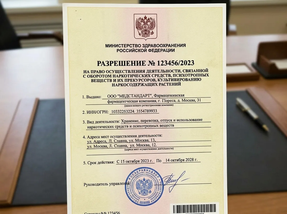 Разрешительный документ на оборот наркотических средств и психотропных веществ — официальный бланк с гербом Российской Федерации